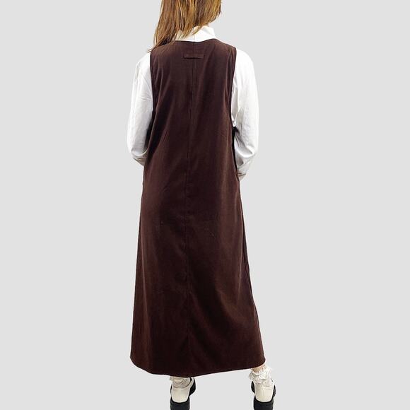 Vintage Brown Floral Patchwork Sleeveless Pinafore Midi Dress Sz Small - Picture 2 of 8